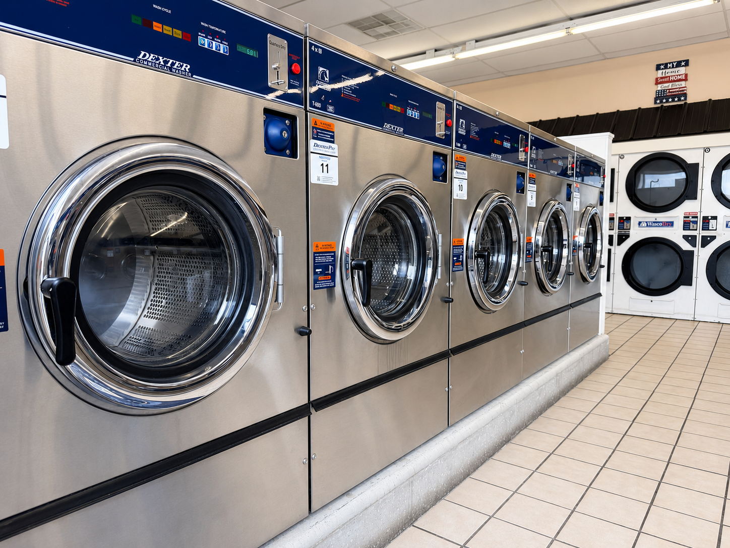 Row of high-capacity stainless steel washers inside American Hometown Cleaners
